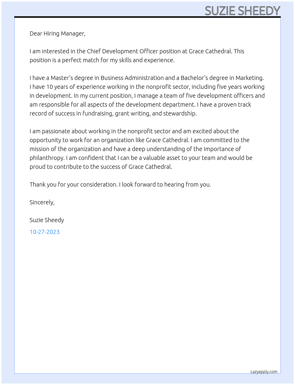 Chief Development Officer At grace cathedral Cover Letter