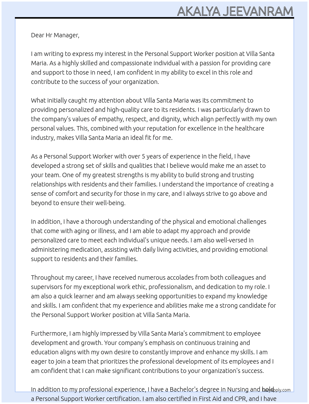personal support worker At Villa Santa Maria Cover Letter