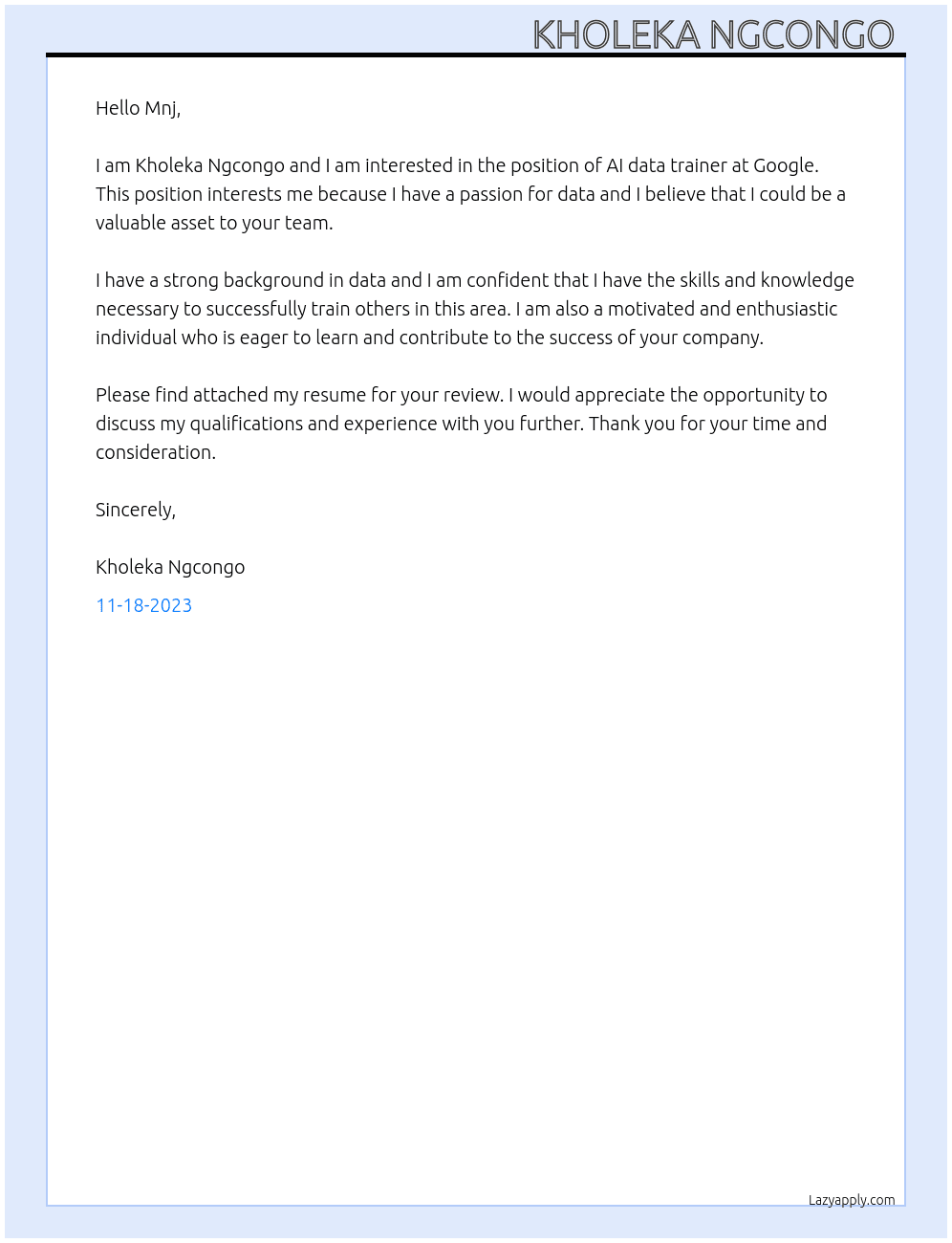 Ai data trainer  At Googl Cover Letter