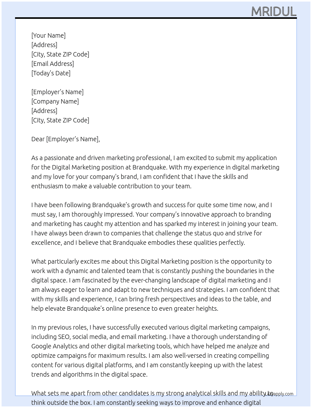Digital marketing  At Brandquake  Cover Letter