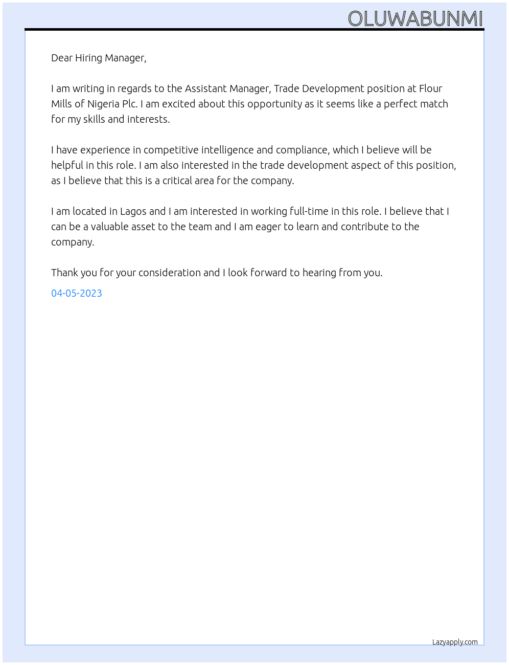 Assistant Manager, Trade Development At Flour Mills of Nigeria Plc Cover Letter