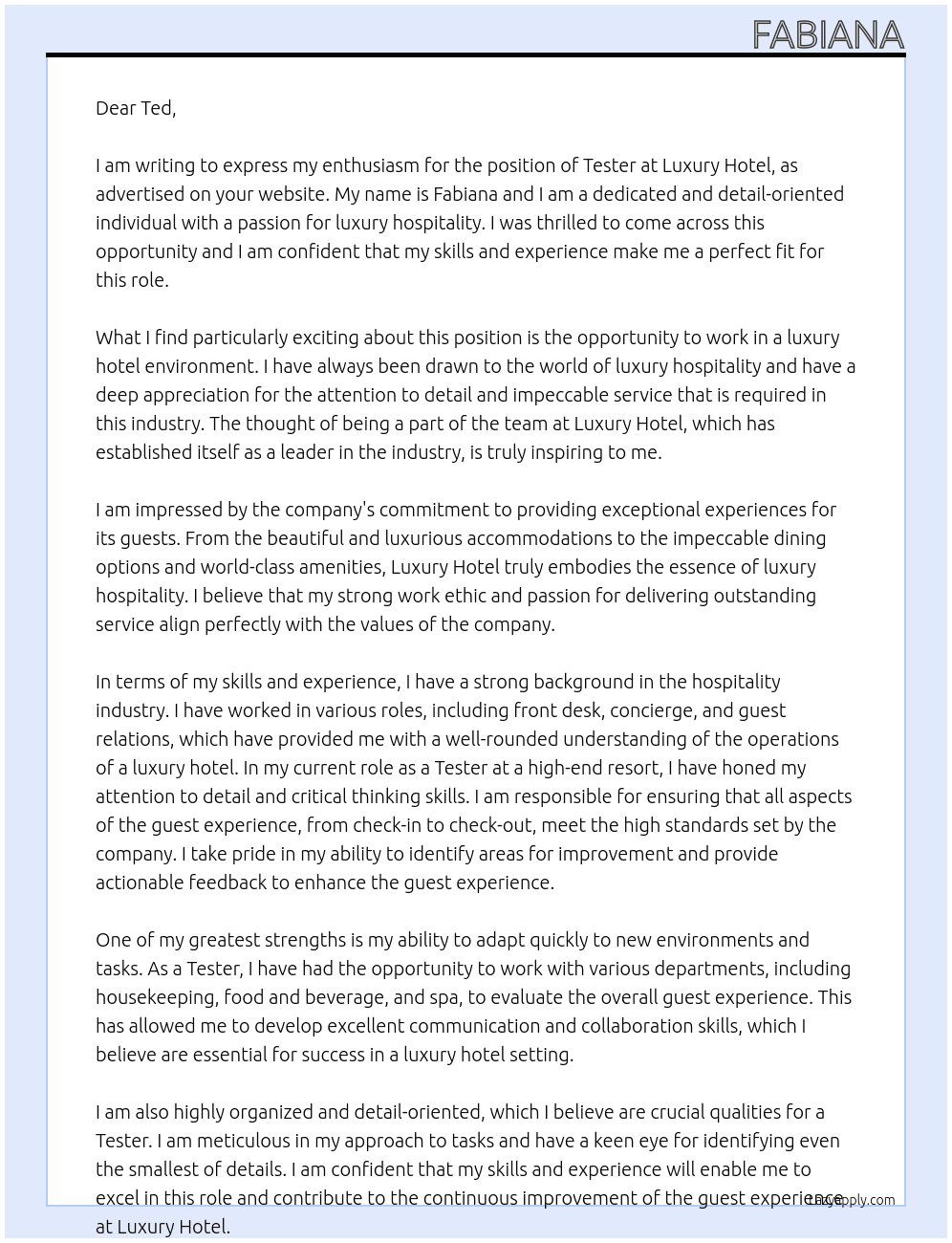 tester luxury hotel  At luxury hotel Cover Letter