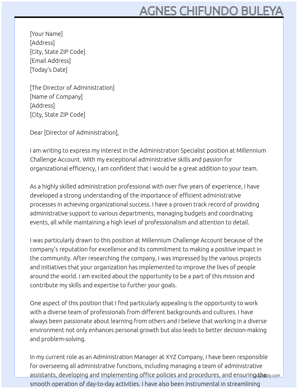 Administration Specialist At Millennium Challenge Account  Cover Letter