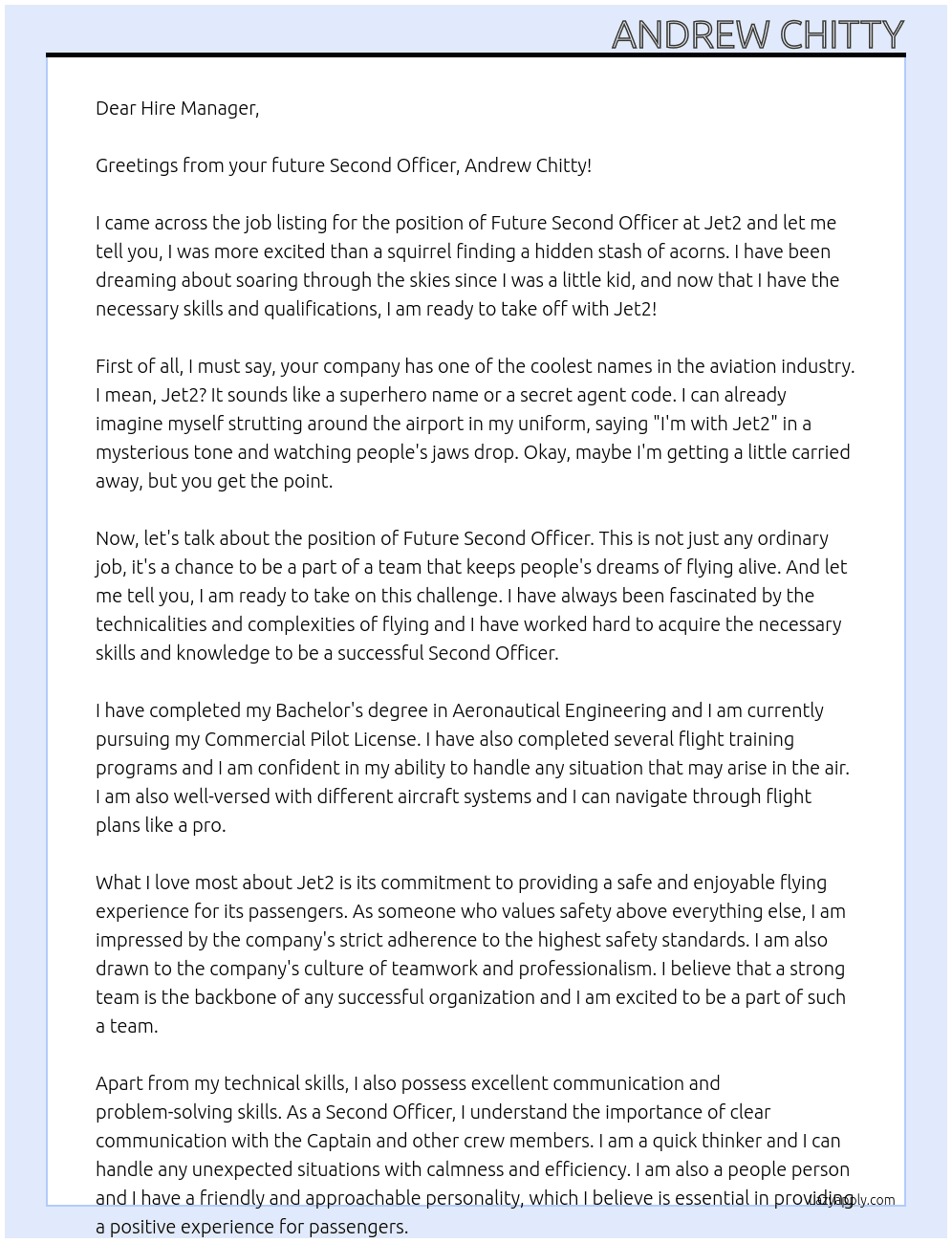 Future Second Officer At Jet2 Cover Letter