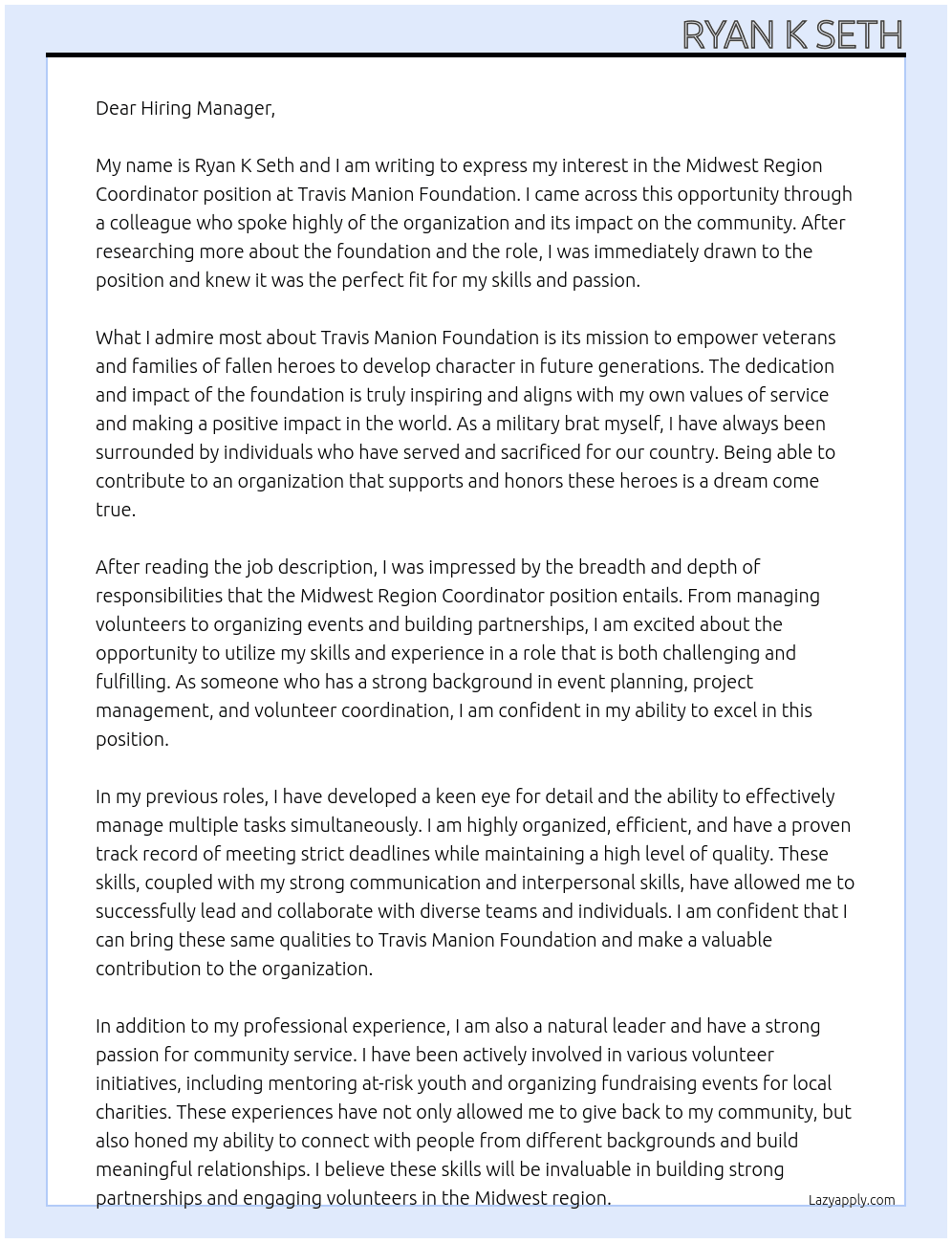 Midwest Region Coordinator At Travis Manion Foundation Cover Letter