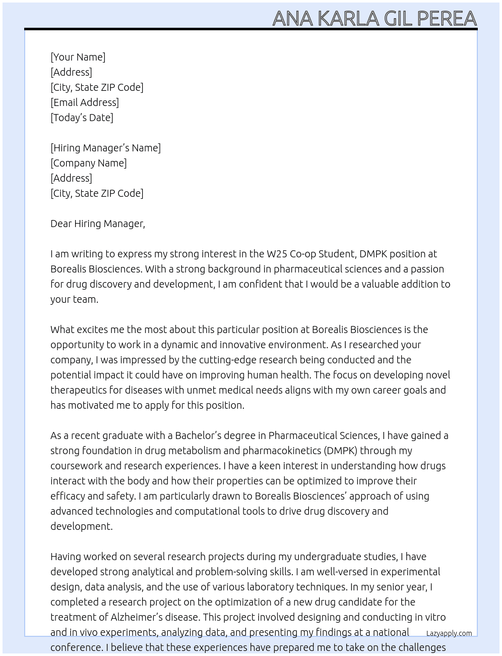  W25 Co-op Student, DMPK  At Borealis Biosciences Cover Letter