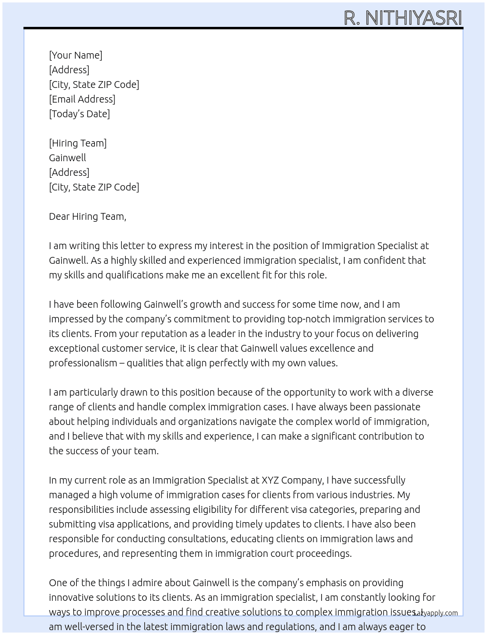 Immigration specialist At Gainwell Cover Letter