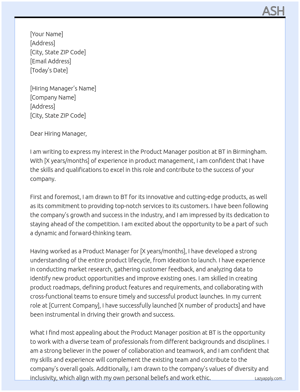 Product manager  At Bt Cover Letter