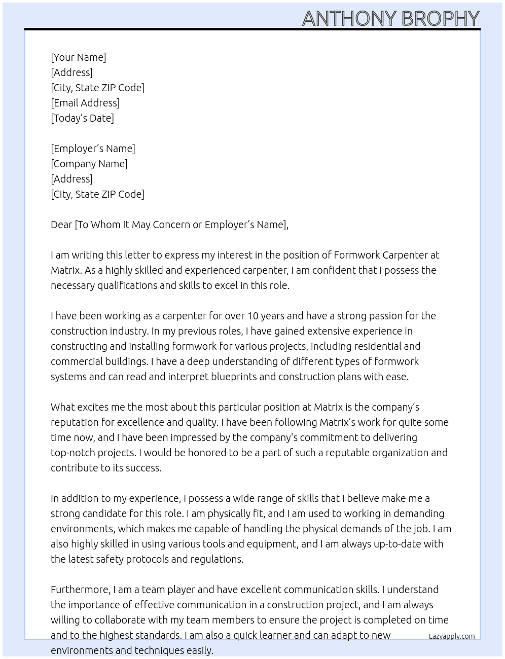 Formwork carpenter At Matrix Cover Letter