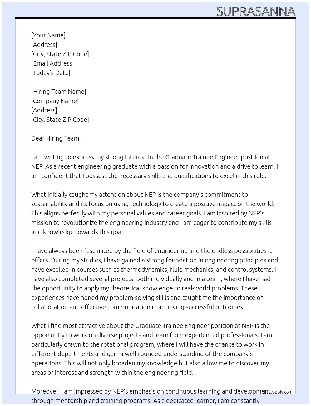 graduate trainee engineer At NEP Cover Letter