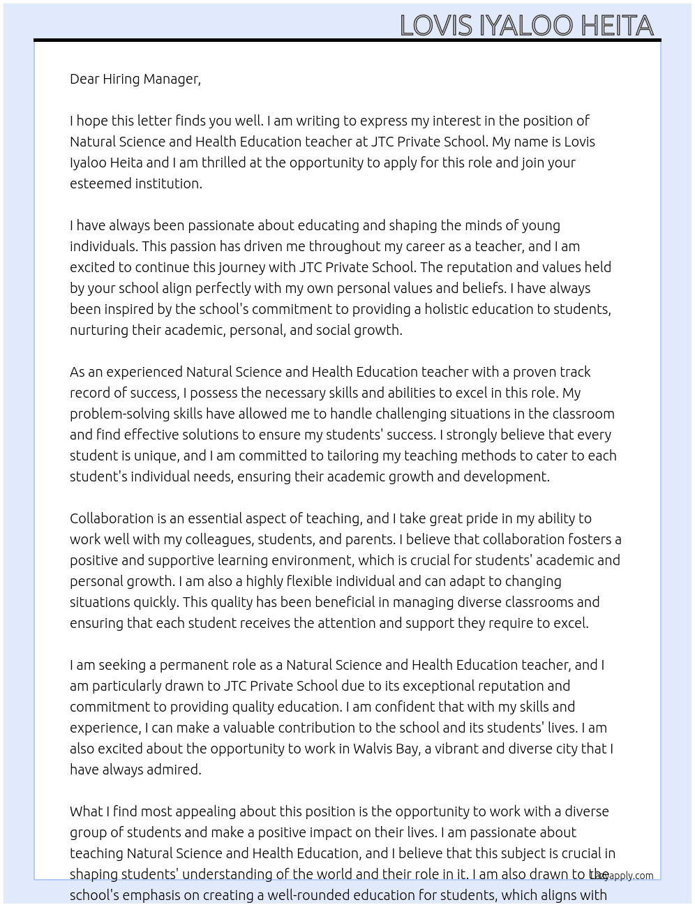 Natural Science and Health Education teacher At JTC PRIVATE SCHOOL  Cover Letter