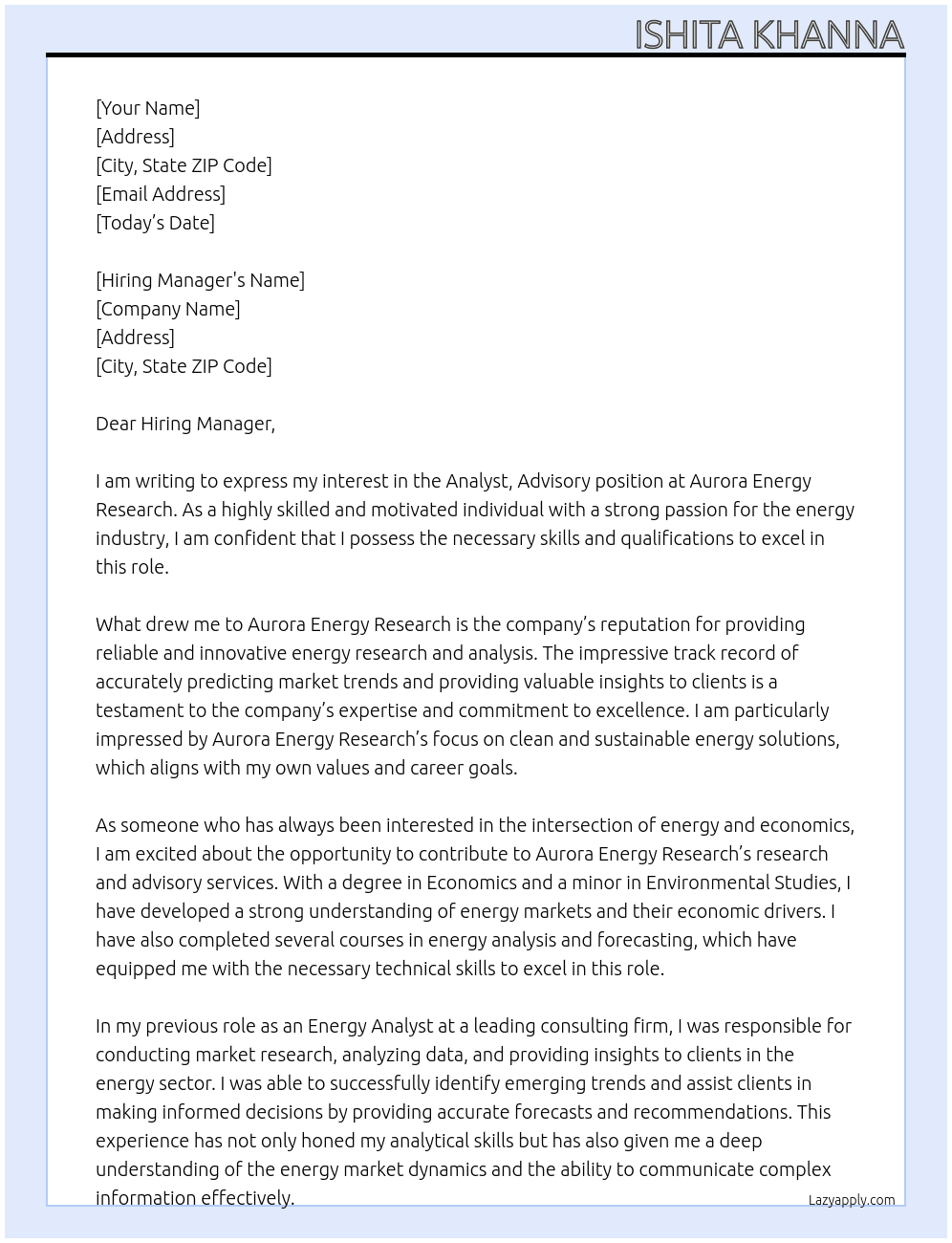 Analyst, Advisory At Aurora Energy Research Cover Letter