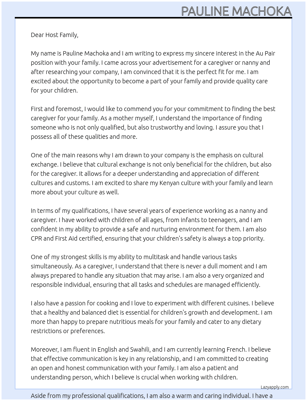 Aurpair At Caregiver or nanny Cover Letter