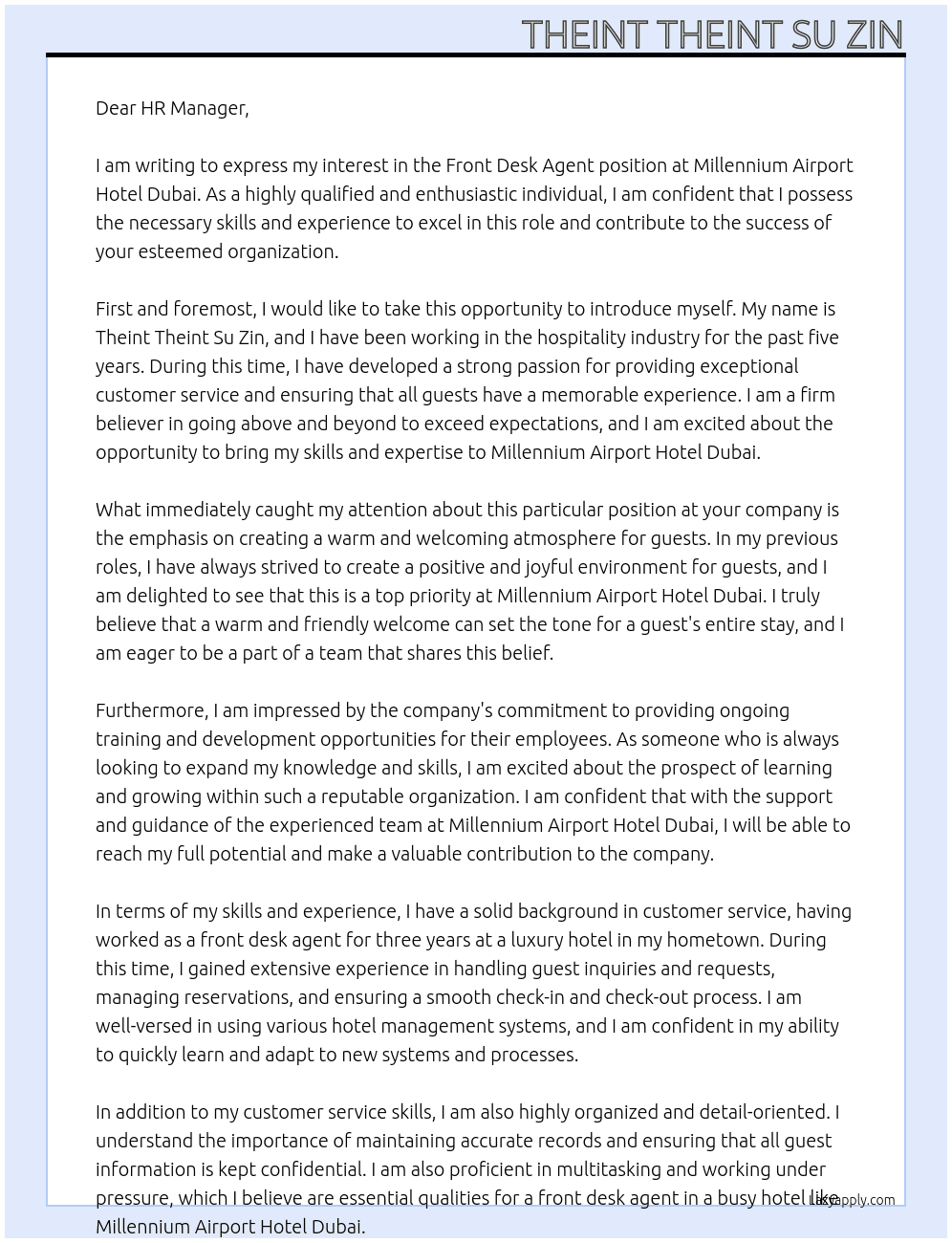 Front desk agent At Millennium Airport Hotel Dubai Cover Letter