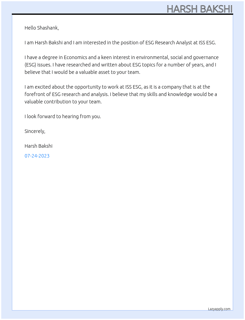 Esg Research Analyst  At ISS ESG Cover Letter