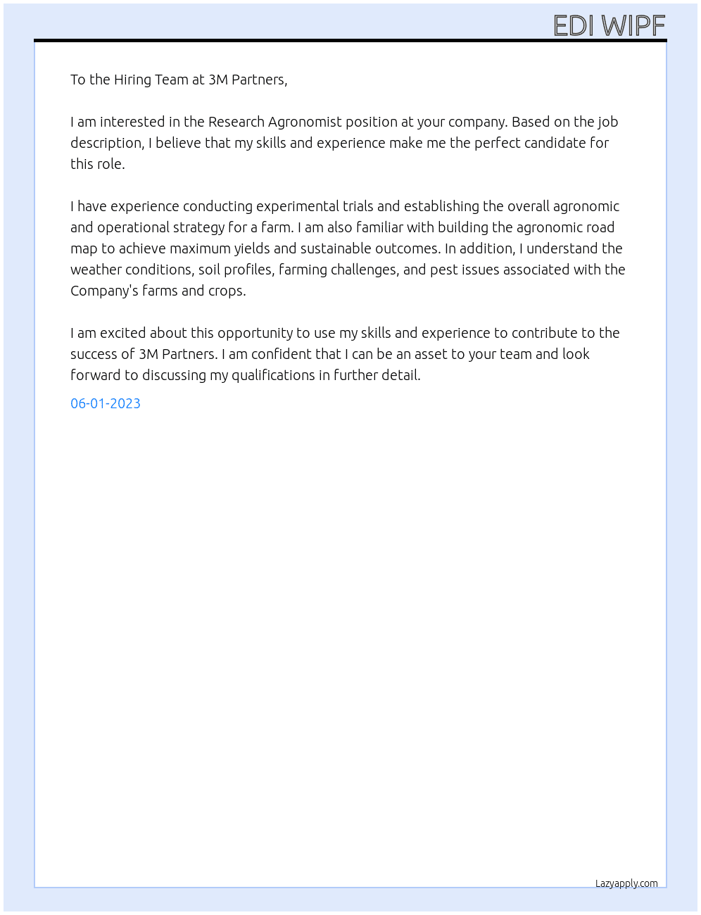 Research Agronomist At 3M Partners Cover Letter