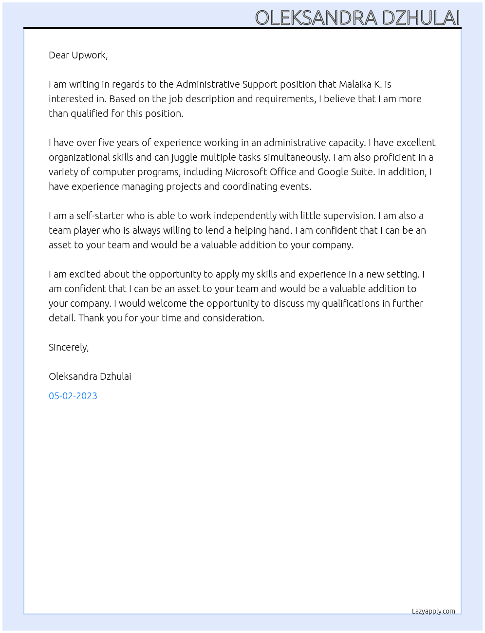 Administrative Support At upwork Cover Letter