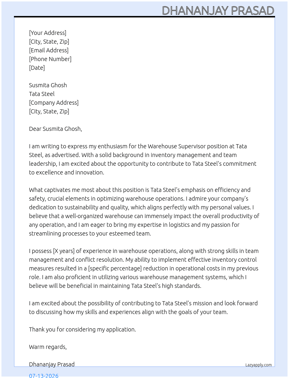 Cover letter for warehouse supervisor - LazyApply