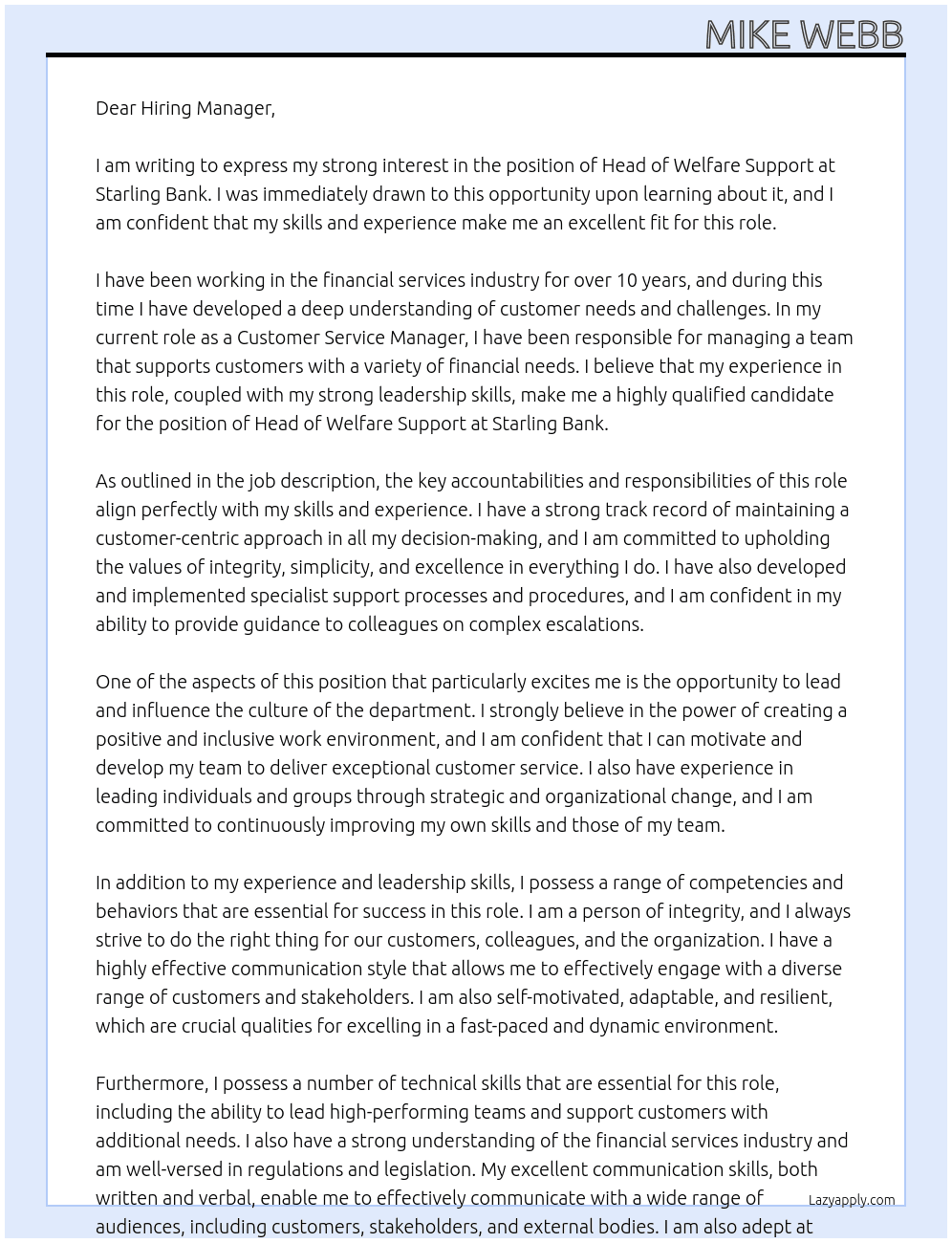 Head of Welfare Support At Starling Bank Cover Letter