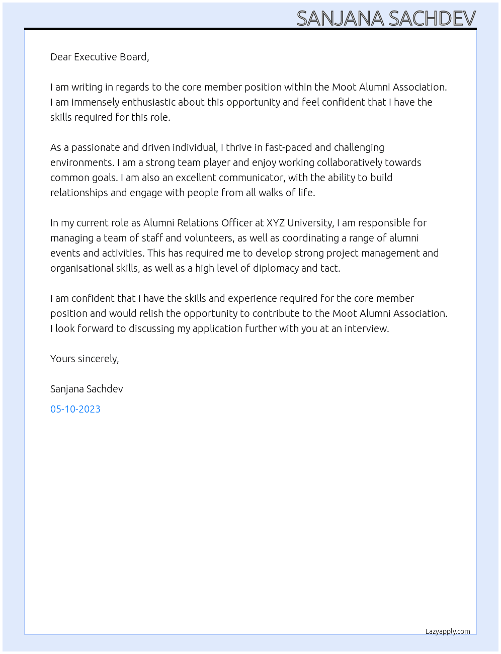 Core Member At Moot Alumni Association Cover Letter