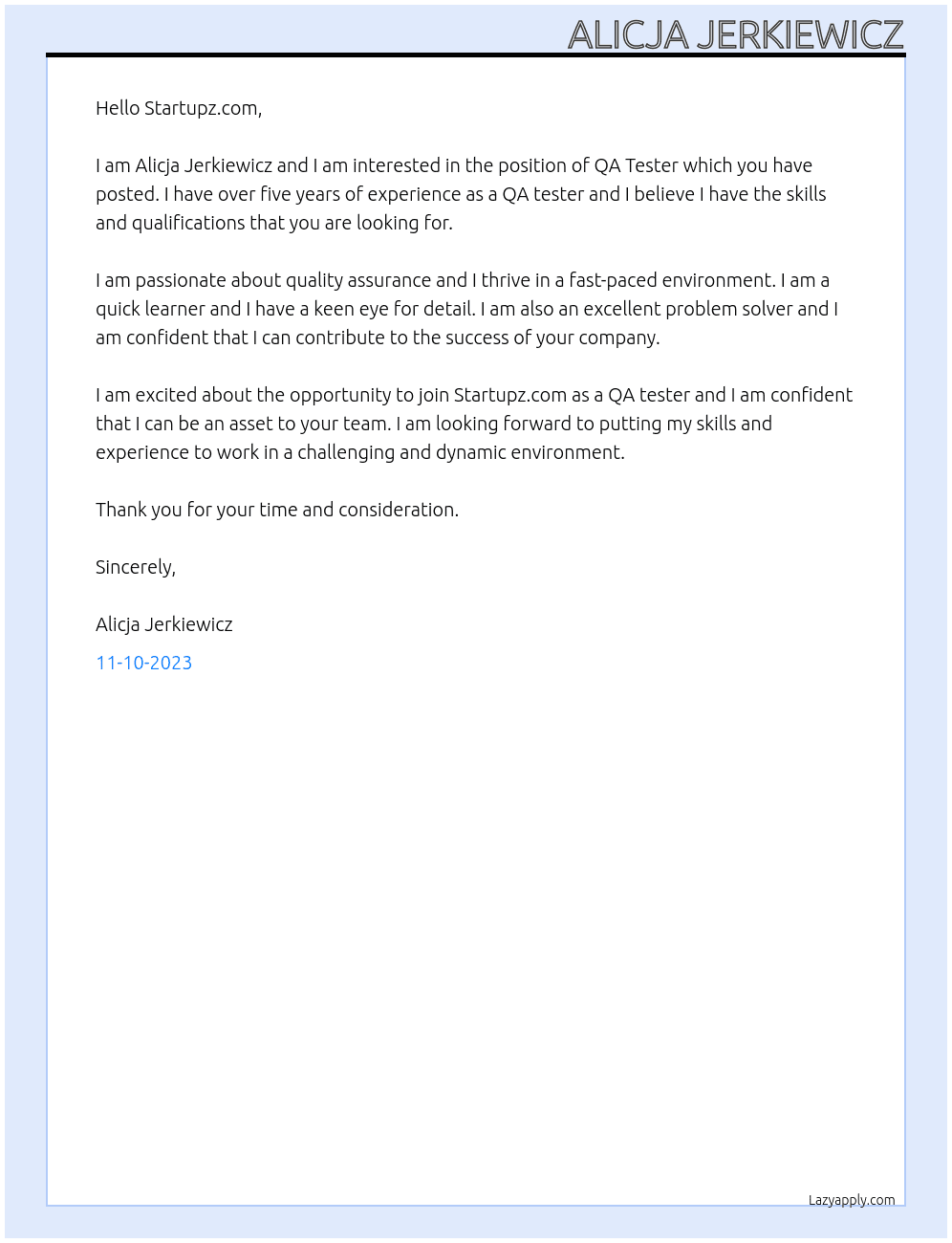 QA Tester At Startupz Cover Letter