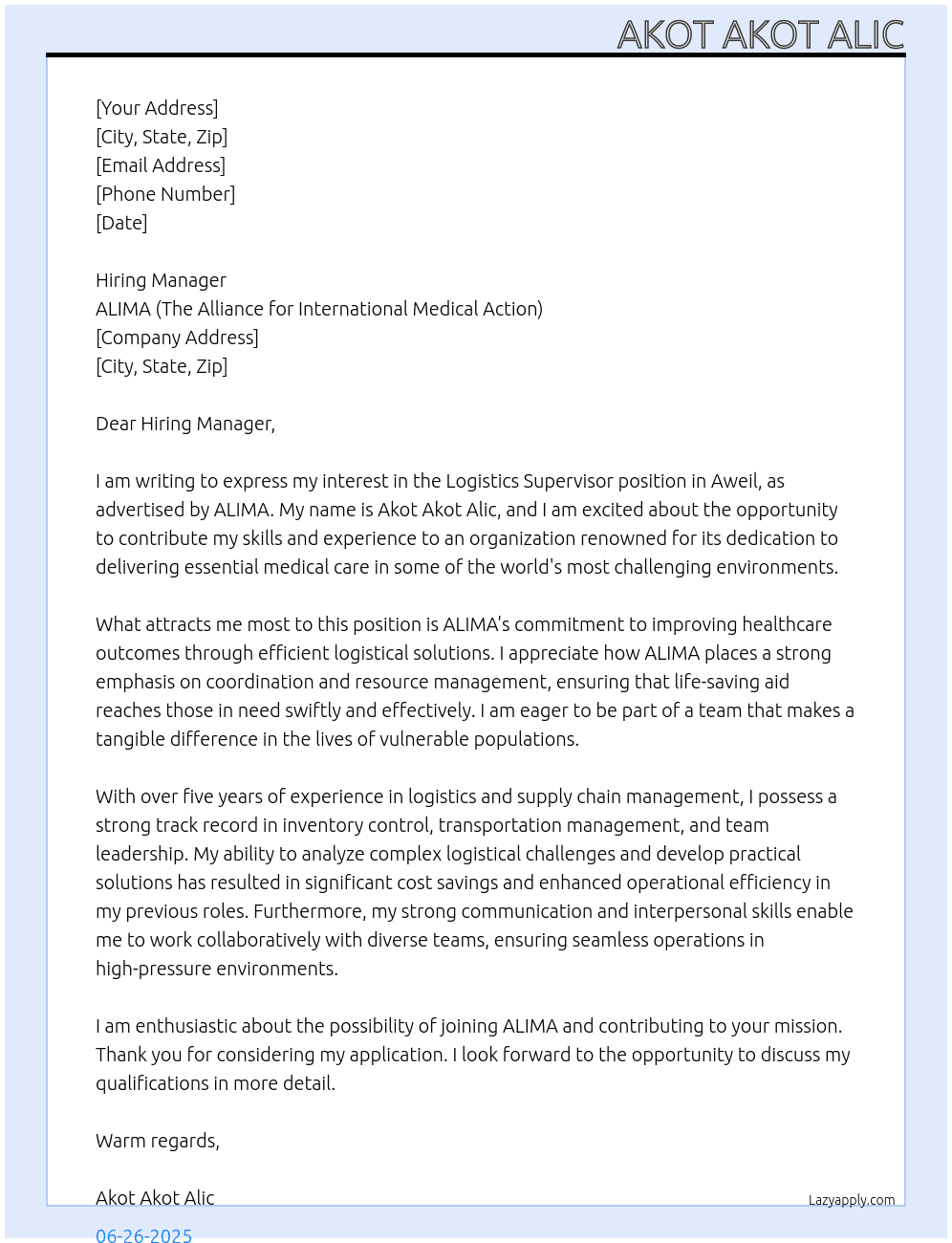 Cover letter for logistics supervisor -aweil - LazyApply