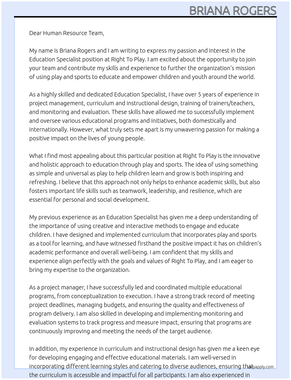 Education Specialist At Right To Play  Cover Letter