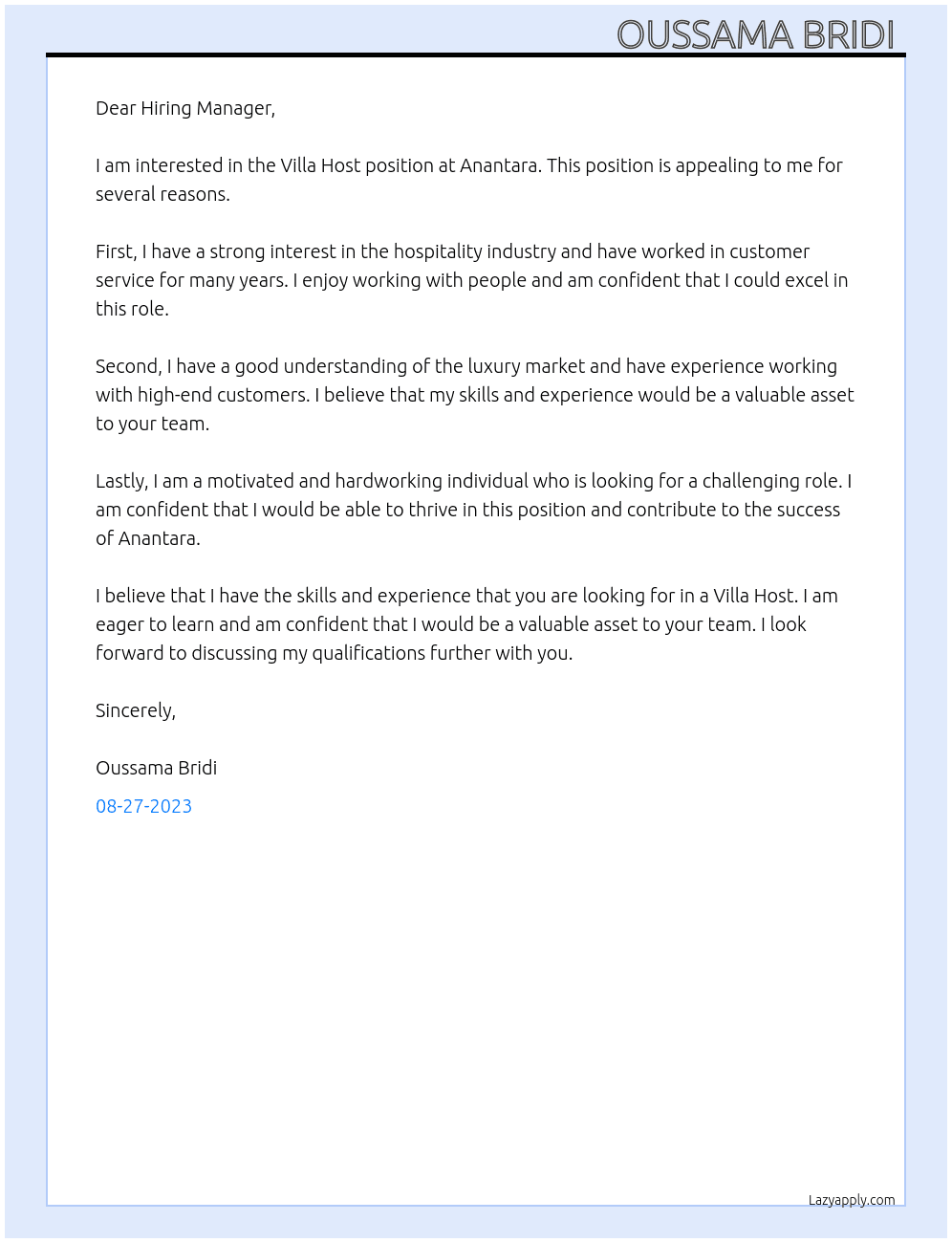 Villa Host At Anantara Cover Letter
