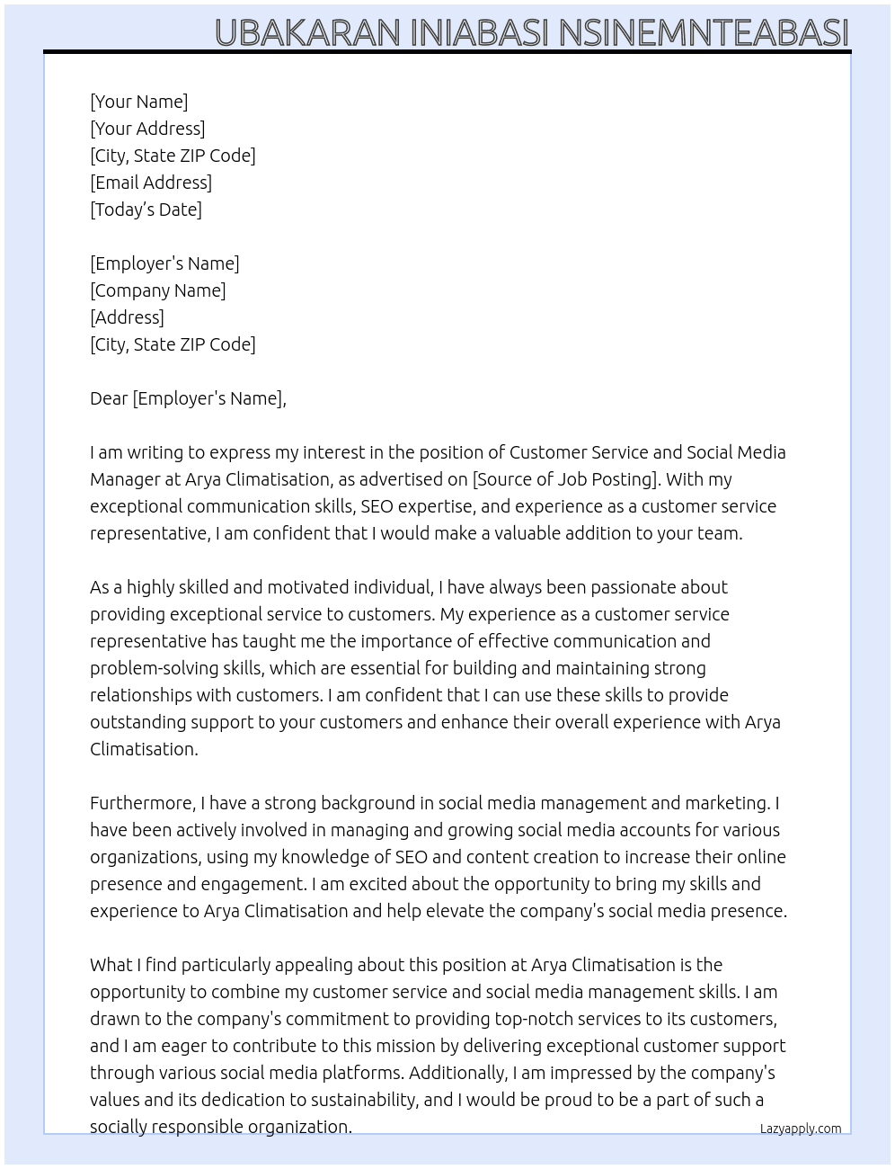 CUSTOMER SERVICE AND SOCIAL MEDIA MANAGER  At Arya Climatisation Cover Letter