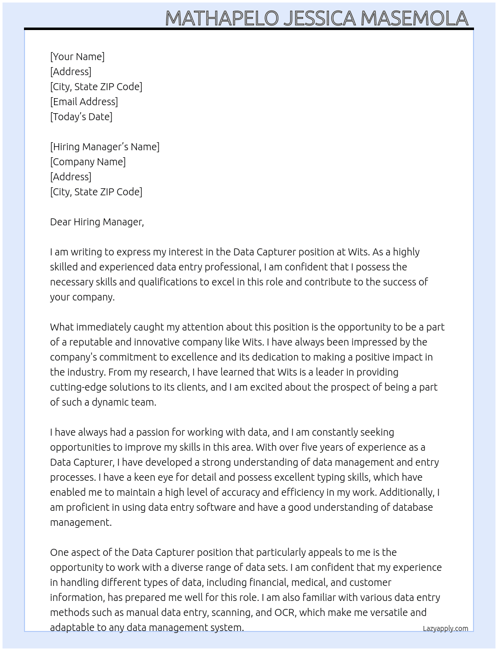 Data Capturer       At Wits  Cover Letter