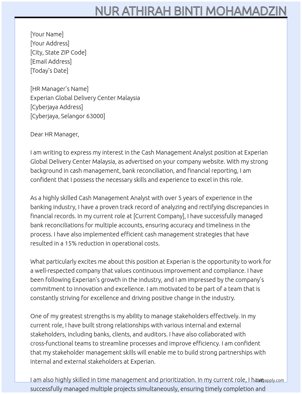 Cash Management Analyst At Experian Global Delivery Center Malaysia Cover Letter