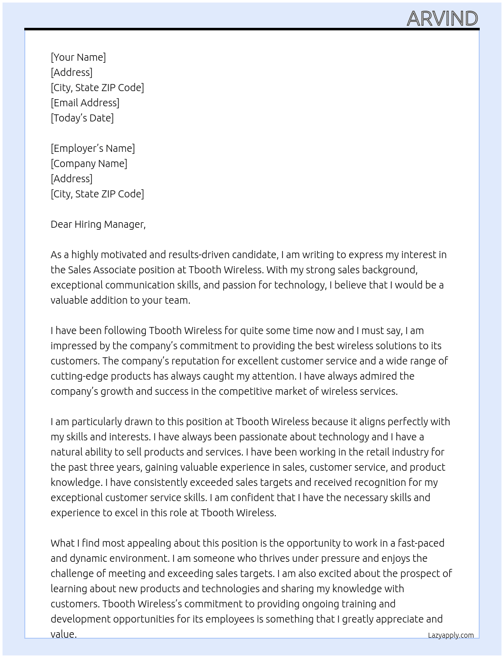 Sales Associate At Tbooth Wireless Cover Letter