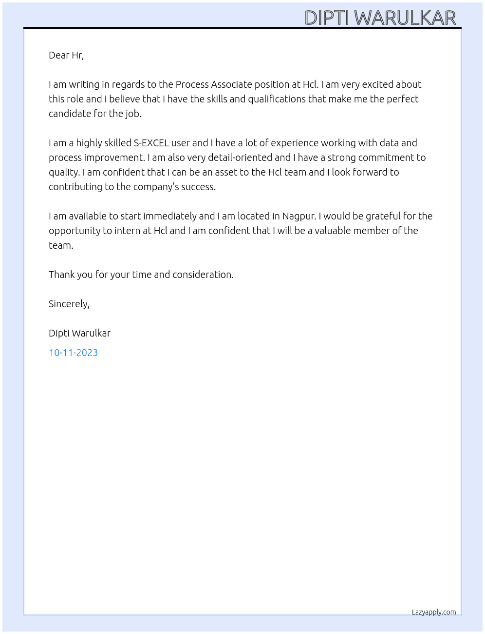 Process associate  At Hcl Cover Letter