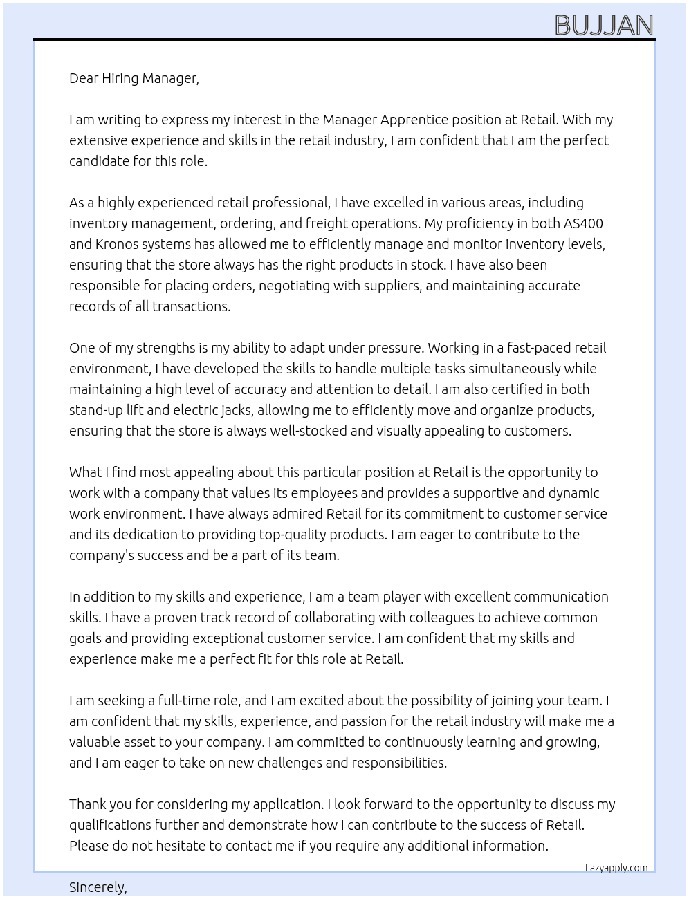 Manager Apprentice At Retail Cover Letter