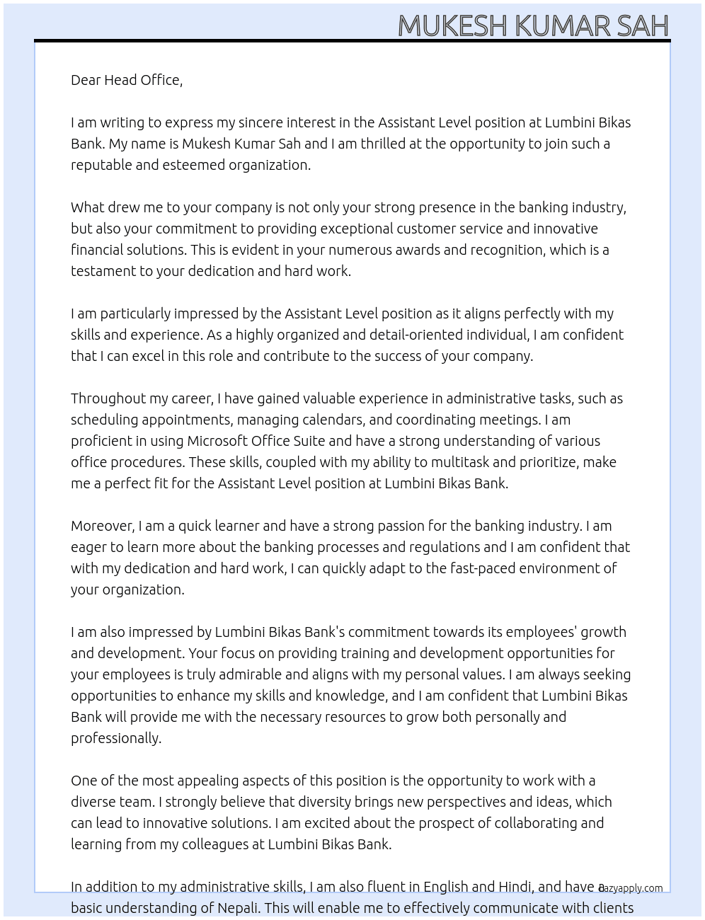 Assistant Level At lumbini bikas bank Cover Letter