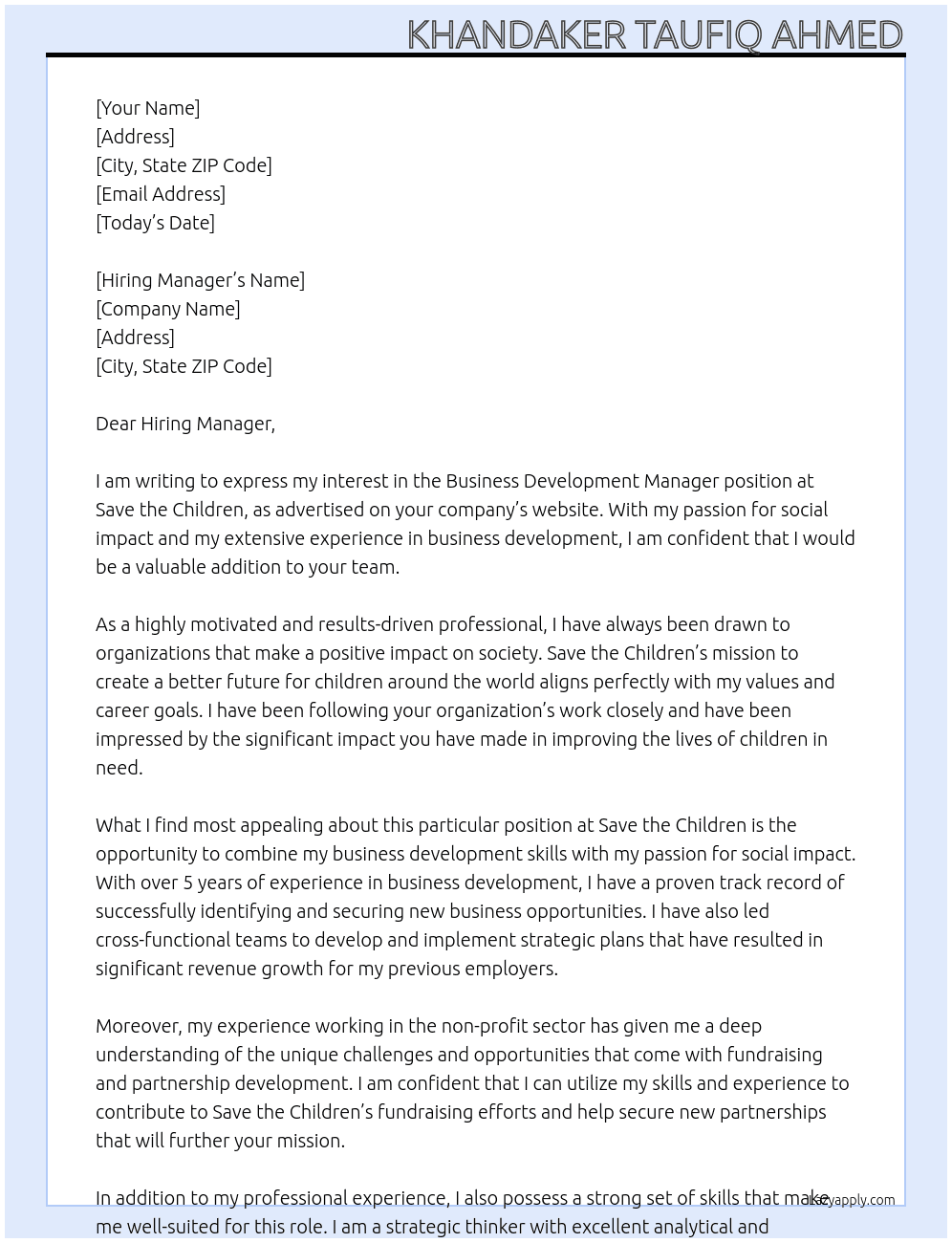 Business Development Manager At Save the Children Cover Letter