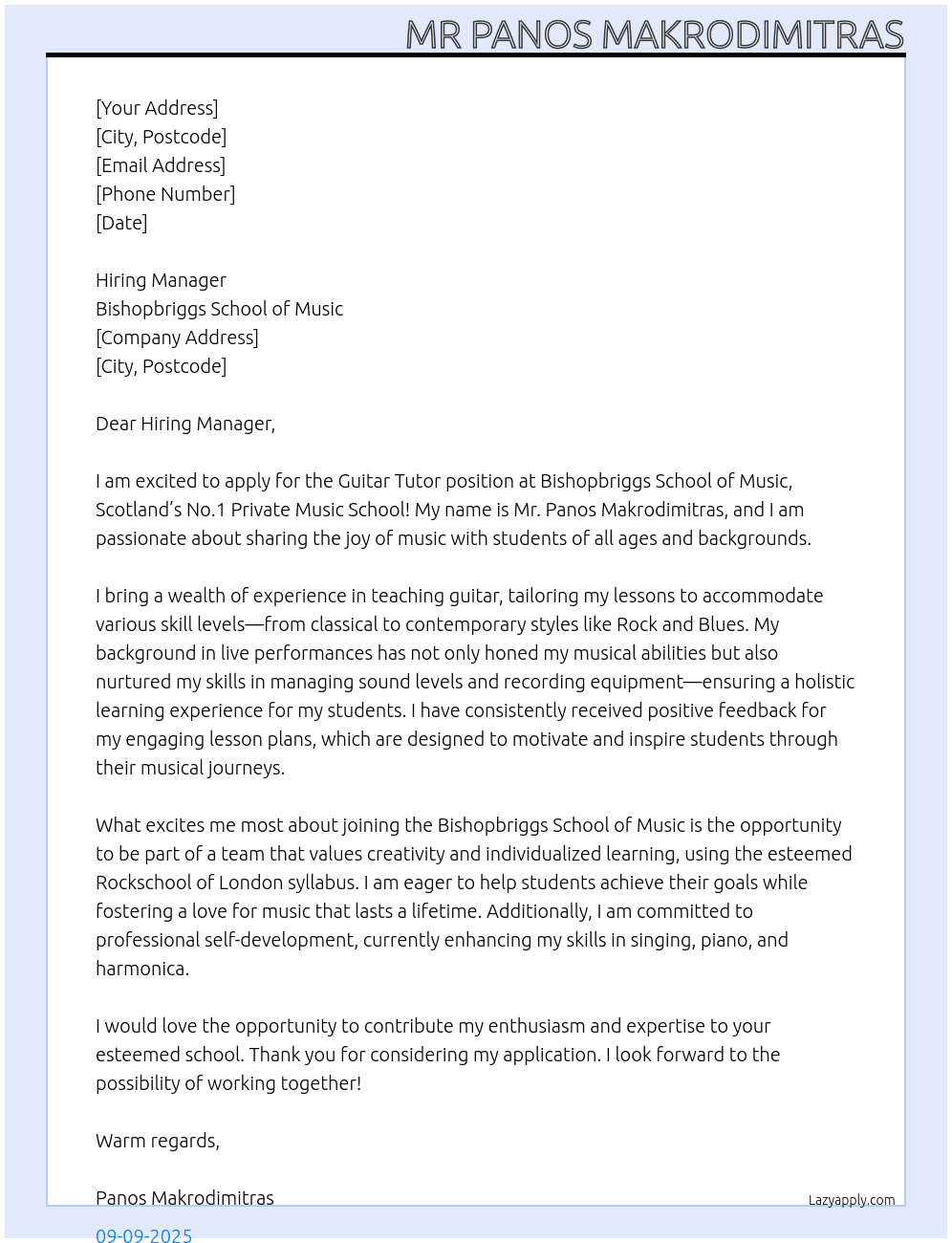 Cover letter for guitar tutor - LazyApply
