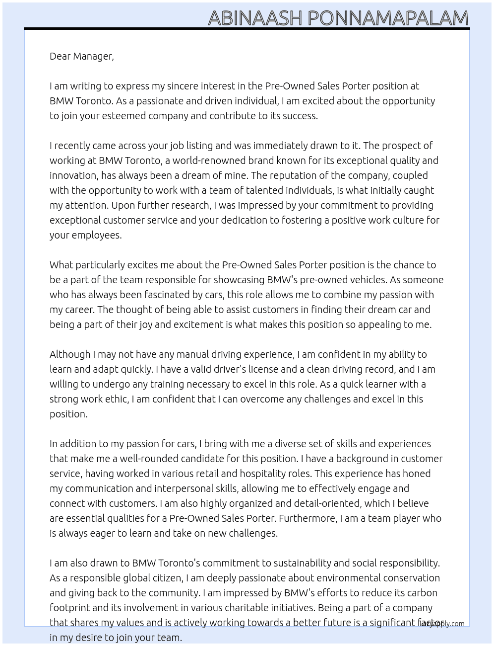 Pre-Owned Sales Porter with No Manual Driving Experience  At BMW Toronto Cover Letter