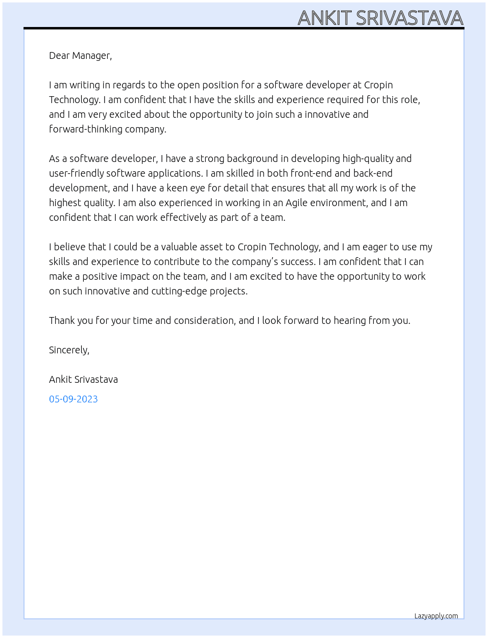 Software Developer At Cropin Technology Cover Letter