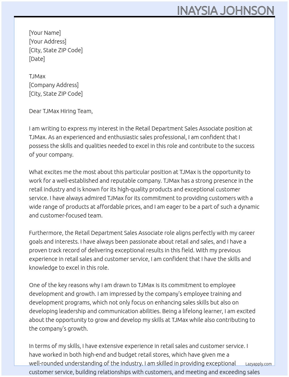 Retail Department Sales Associate  At TJMax Cover Letter