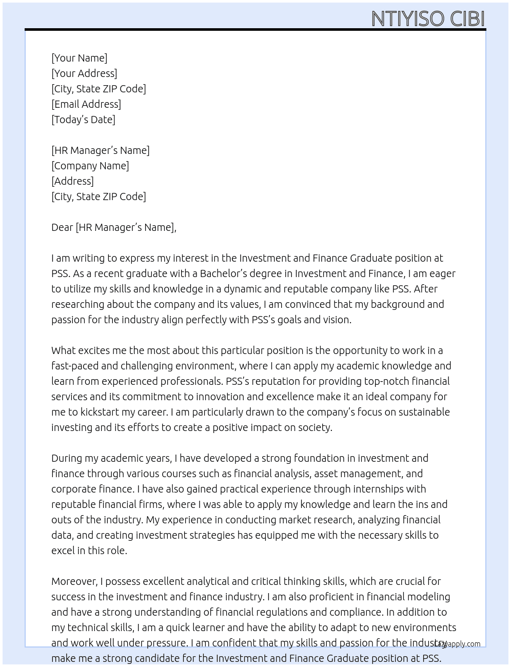 investment and finance graduate At PSS Cover Letter