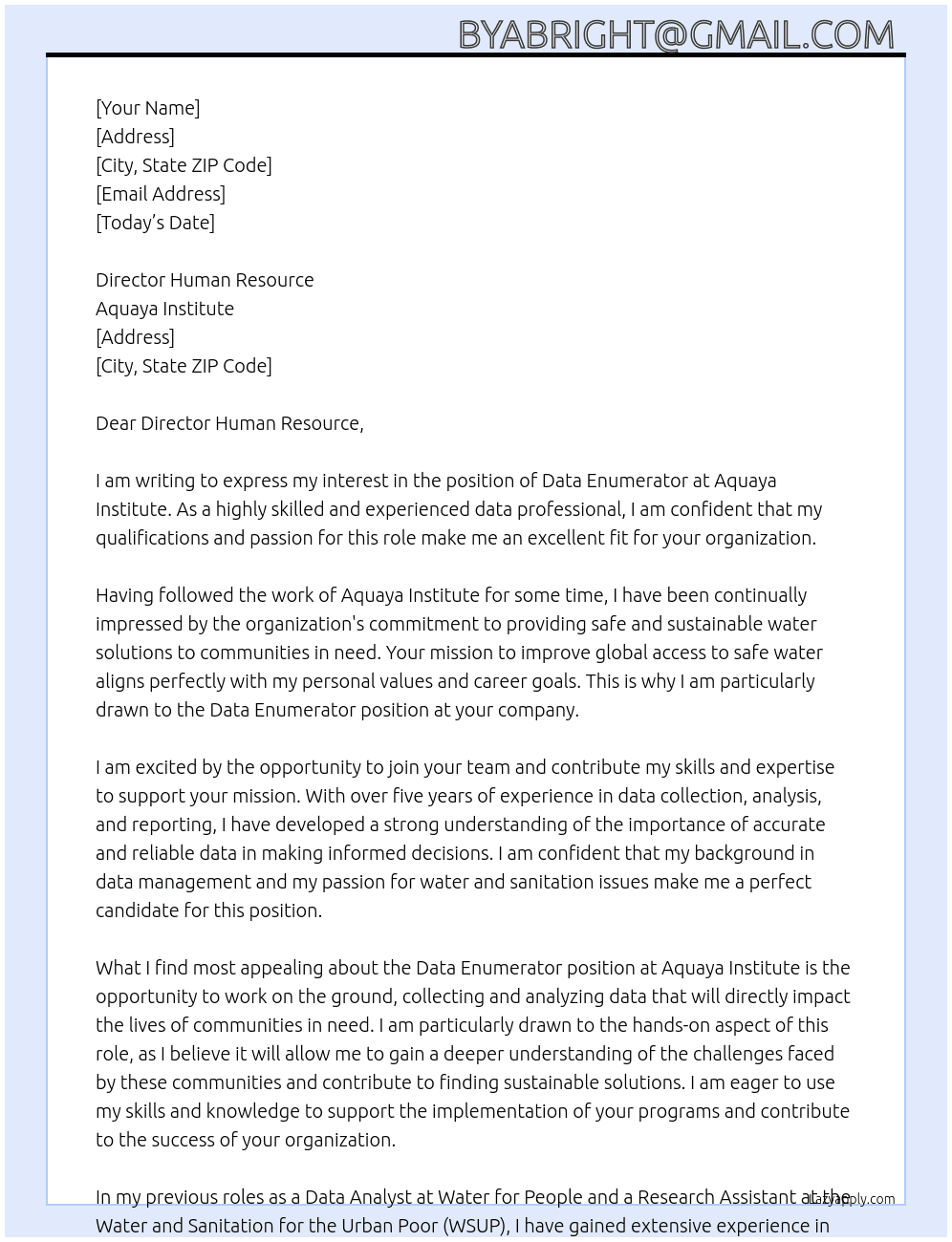 Data Enumerator At Aquaya Institute  Cover Letter