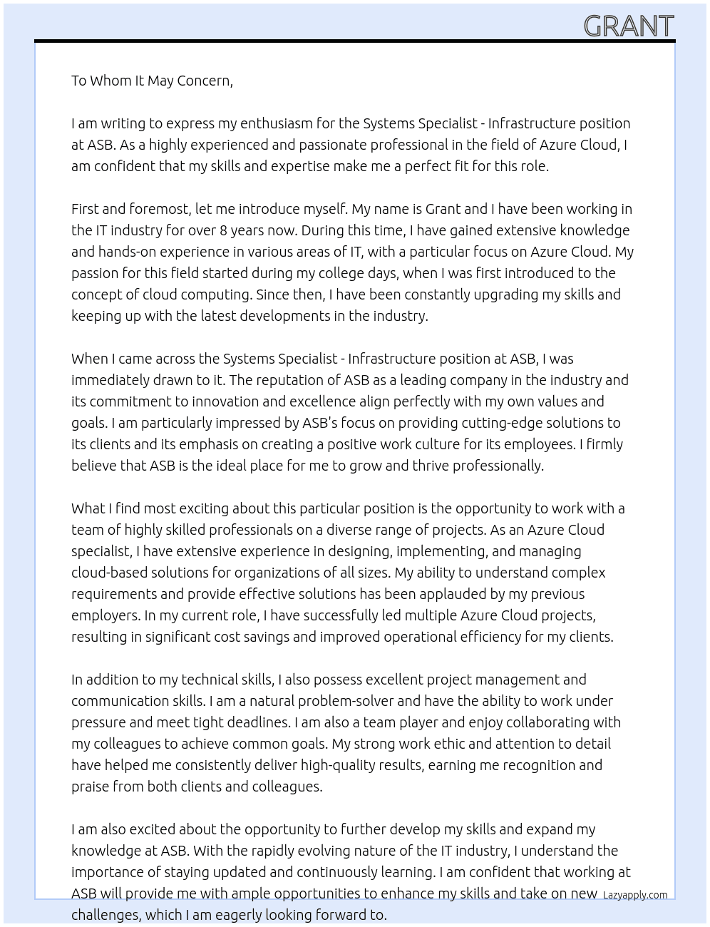 Systems Specialist - Infrastructure At ASB Cover Letter