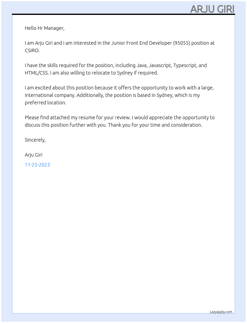 Junior Front End Developer (95055) At CSIRO Cover Letter