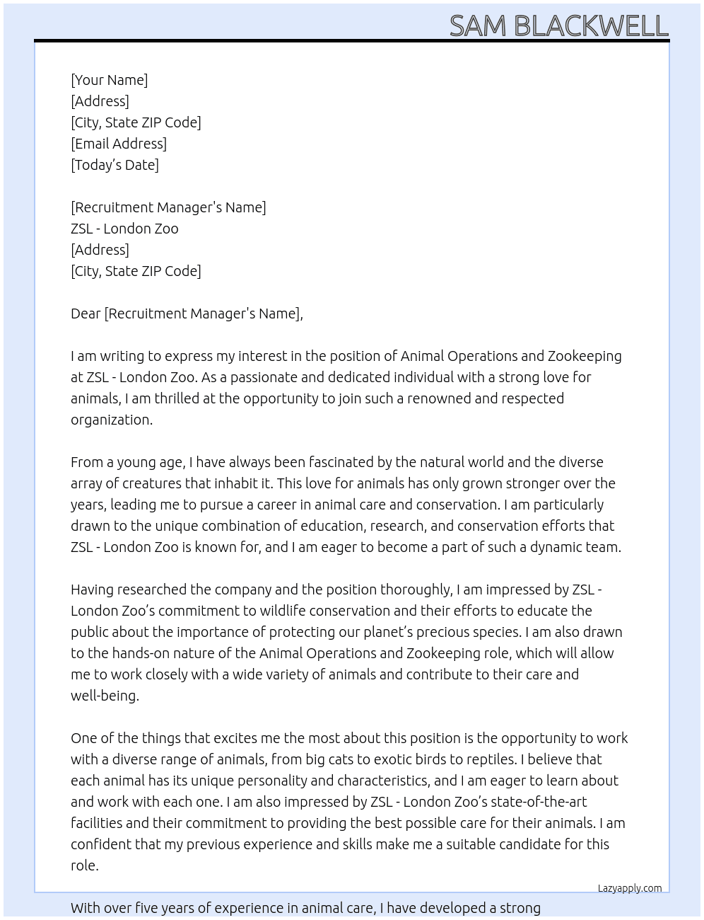 Animal Operations and Zookeeping At ZSL - London Zoo Cover Letter