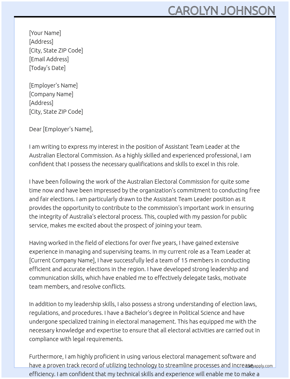 Assistant team leader At Australian Electoral Commission Cover Letter