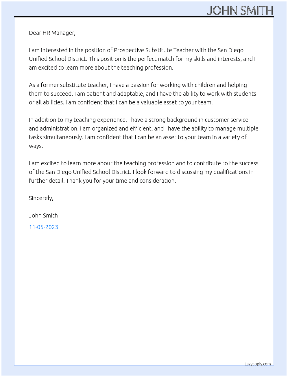 Prospective Substitute Teacher At San Diego Unified School District Cover Letter