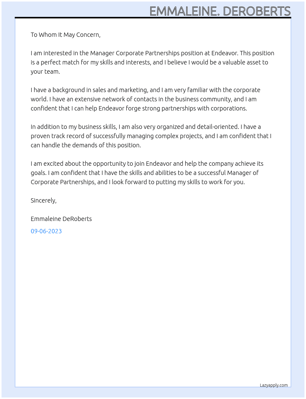 Manager Corporate Partnerships At Endeavor Cover Letter