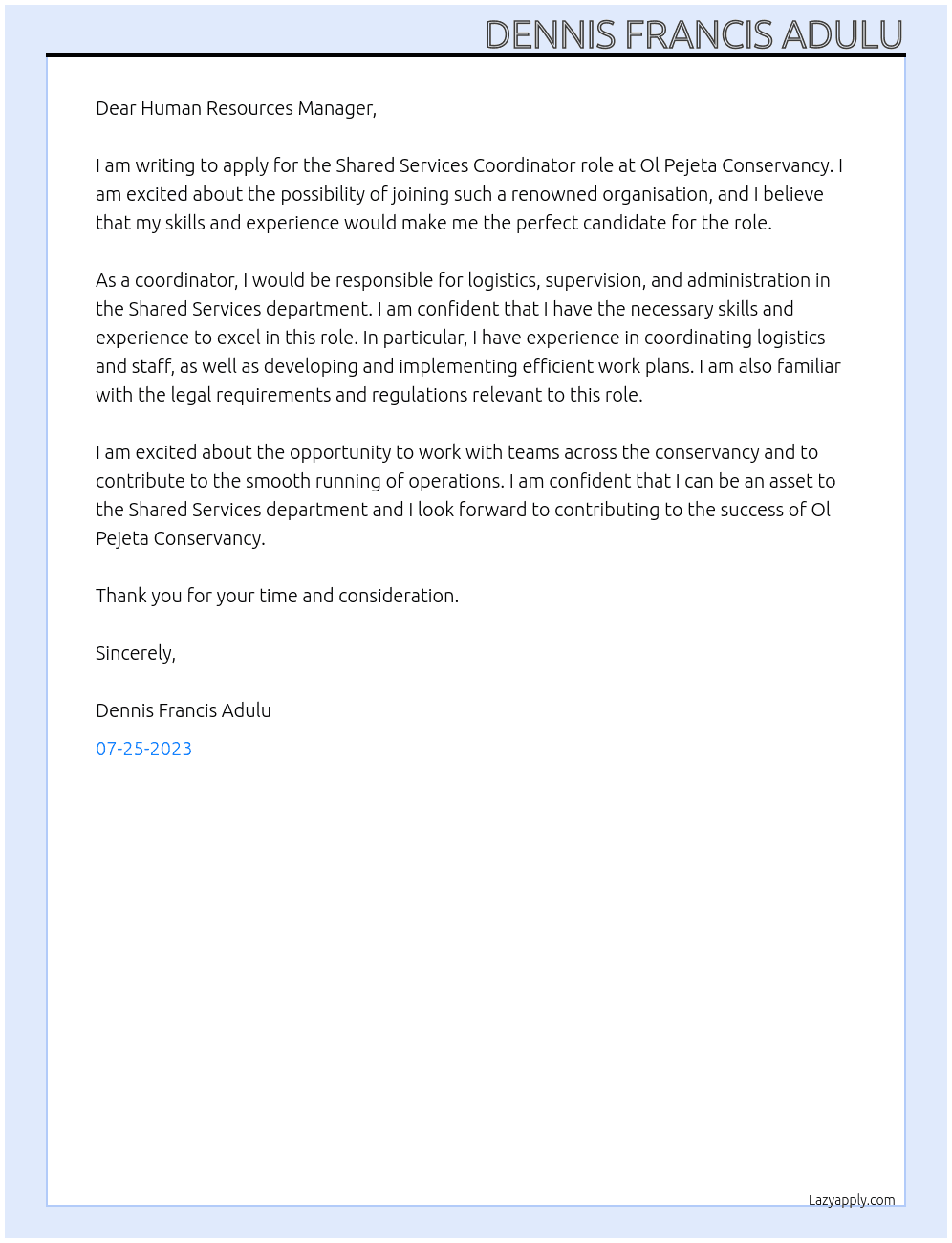 Shared services coordinator At Ol Pejeta conservancy Cover Letter