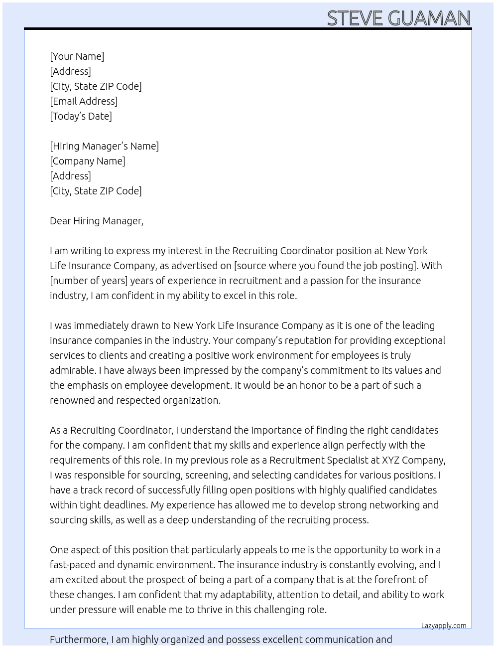 Recruiting Coordinator At New York Life Insurance Company Cover Letter
